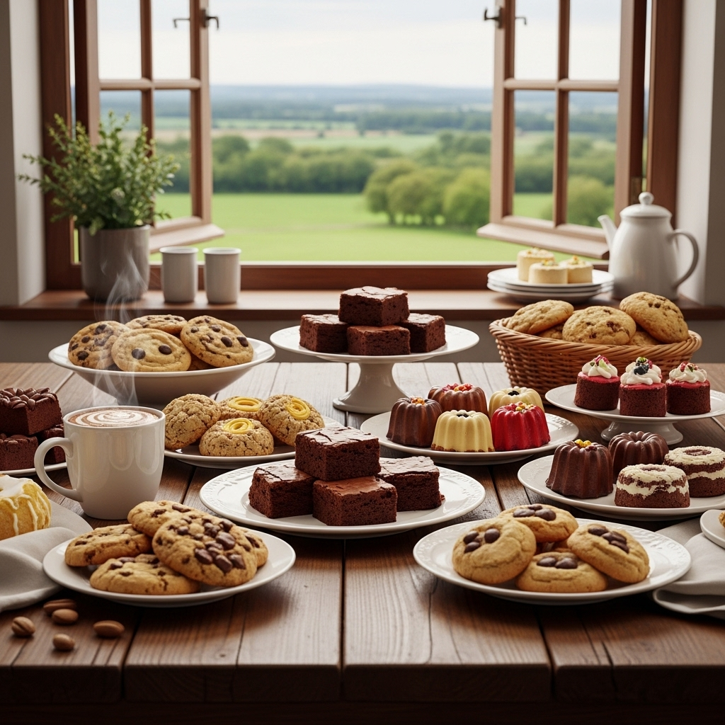 Bolos e Doces sobre a mesa em um lugar aconchegante